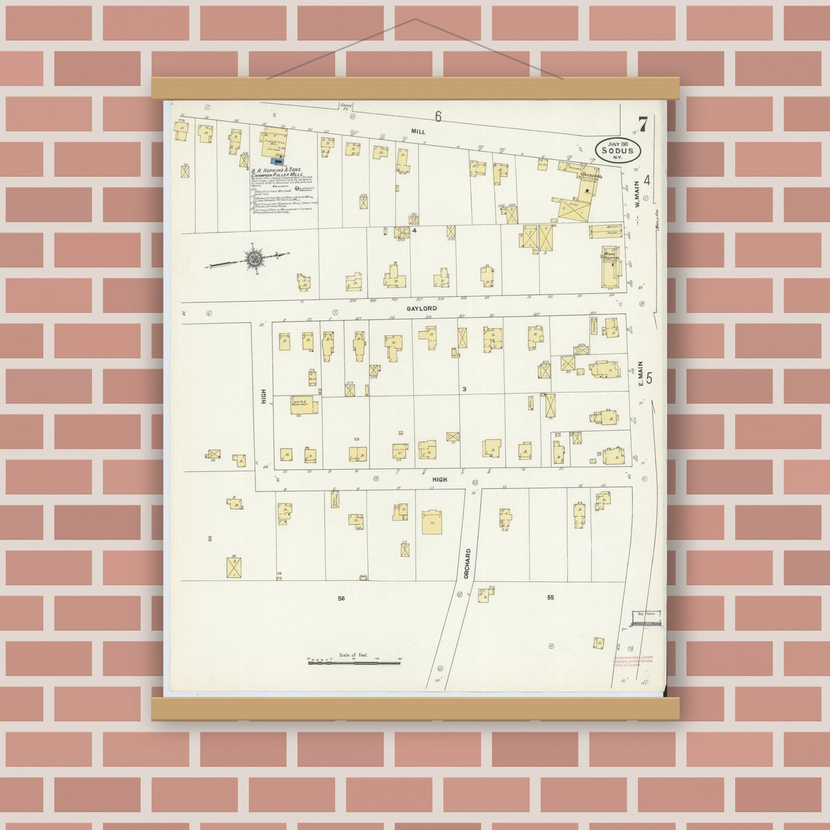 Old map wall art mockup — magnetic wood frame on brick wall — Sanborn Fire Insurance Map from Sodus, Wayne County, New York (1911), Sheet #0007