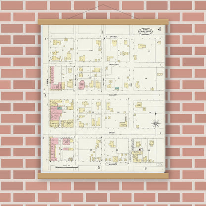 Old map wall art mockup — magnetic wood frame on brick wall — Sanborn Fire Insurance Map from Gainesville, Alachua County, Florida (1897), Sheet #0004