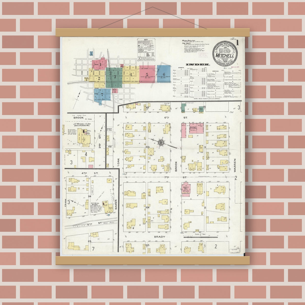 Old map wall art mockup — magnetic wood frame on brick wall — Sanborn Fire Insurance Map from Mitchell, Lawrence County, Indiana (1909), Sheet #0001