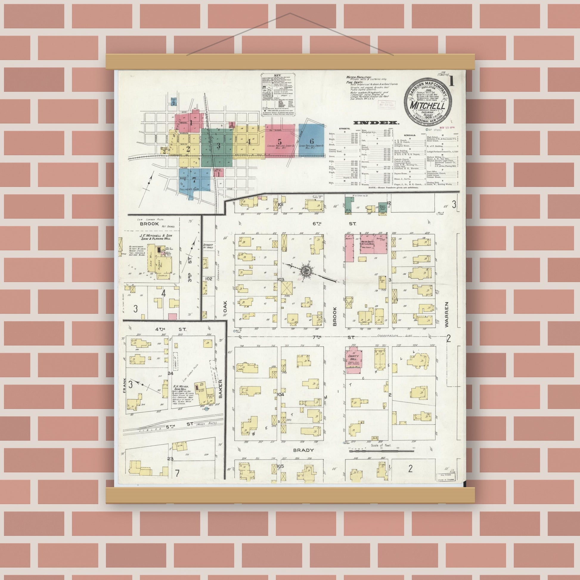 Old map wall art mockup — magnetic wood frame on brick wall — Sanborn Fire Insurance Map from Mitchell, Lawrence County, Indiana (1909), Sheet #0001