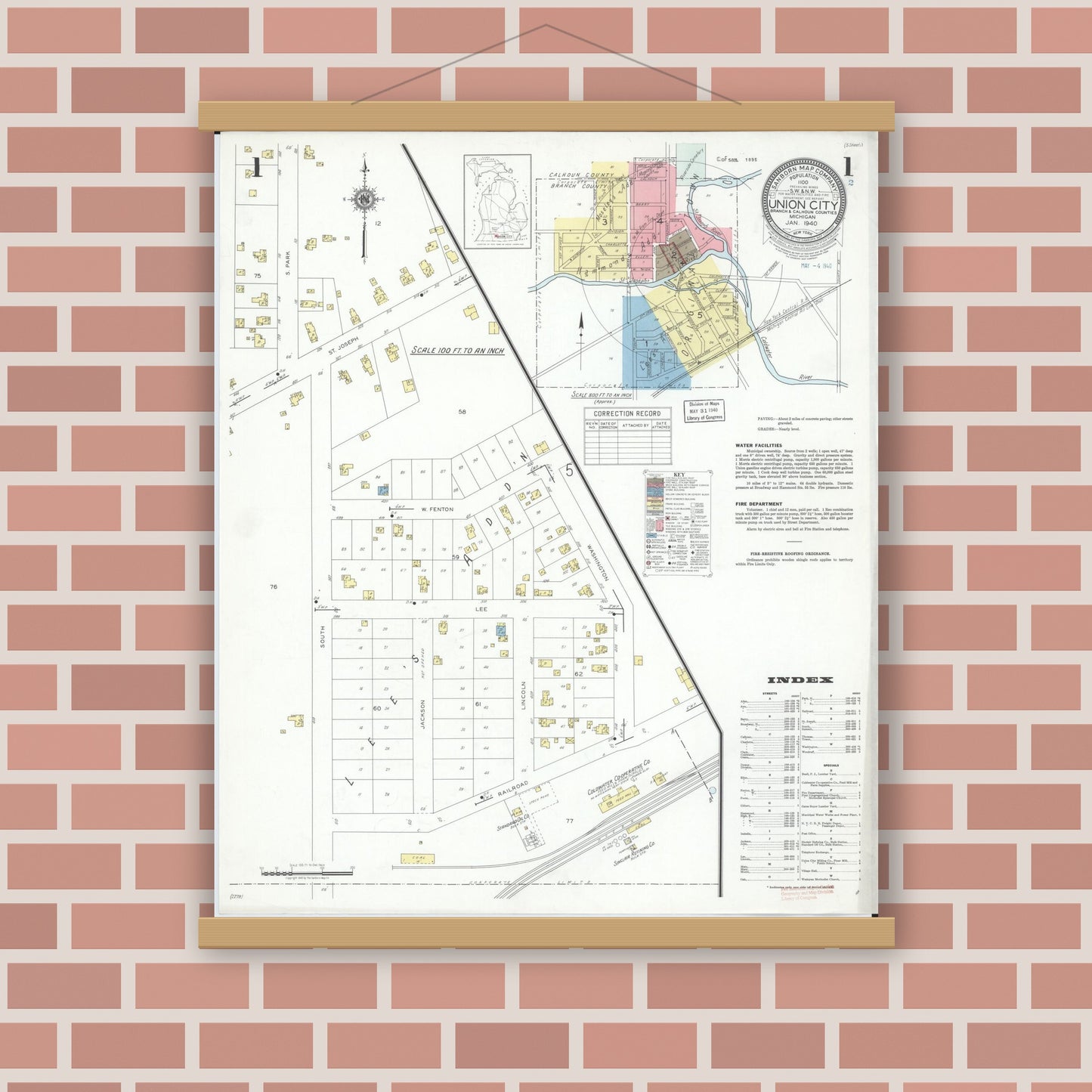 Old map wall art mockup — magnetic wood frame on brick wall — Sanborn Fire Insurance Map from Union City, Branch And Calhoun Counties, Michigan (1940) - Complete Map Set