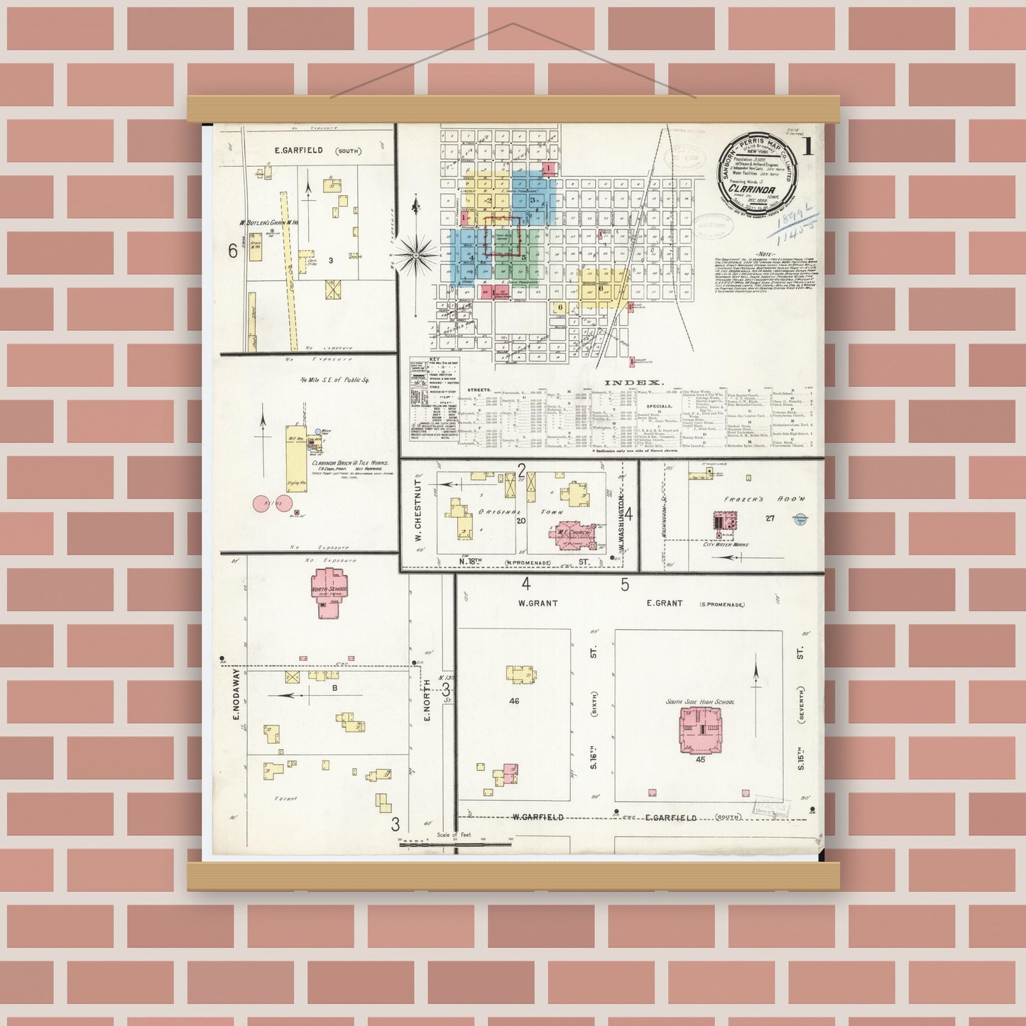Old map wall art mockup — magnetic wood frame on brick wall — Sanborn Fire Insurance Map from Clarinda, Page County, Iowa (1898), Sheet #0001