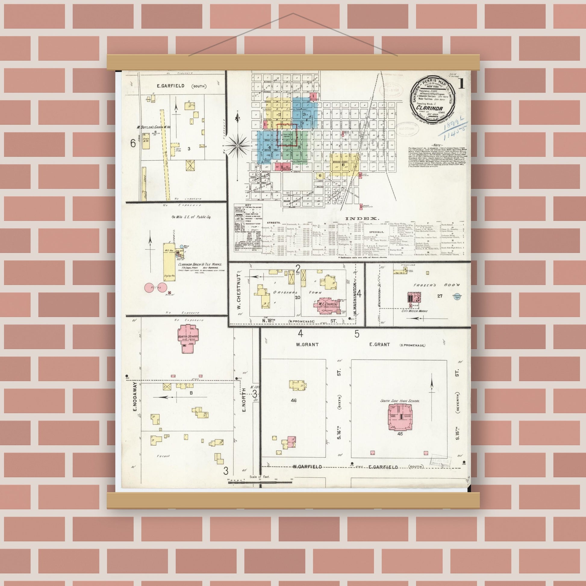 Old map wall art mockup — magnetic wood frame on brick wall — Sanborn Fire Insurance Map from Clarinda, Page County, Iowa (1898), Sheet #0001