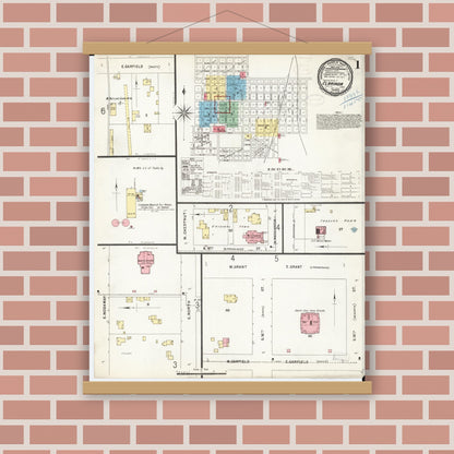 Old map wall art mockup — magnetic wood frame on brick wall — Sanborn Fire Insurance Map from Clarinda, Page County, Iowa (1898), Sheet #0001
