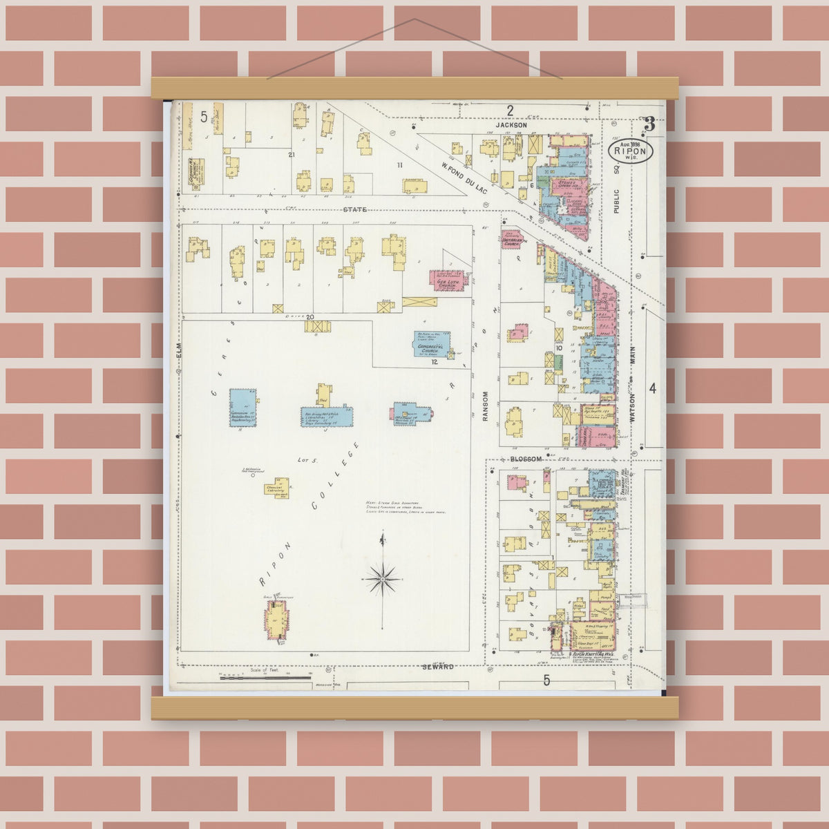 Old map wall art mockup — magnetic wood frame on brick wall — Sanborn Fire Insurance Map from Ripon, Fond du Lac County, Wisconsin (1898), Sheet #0003