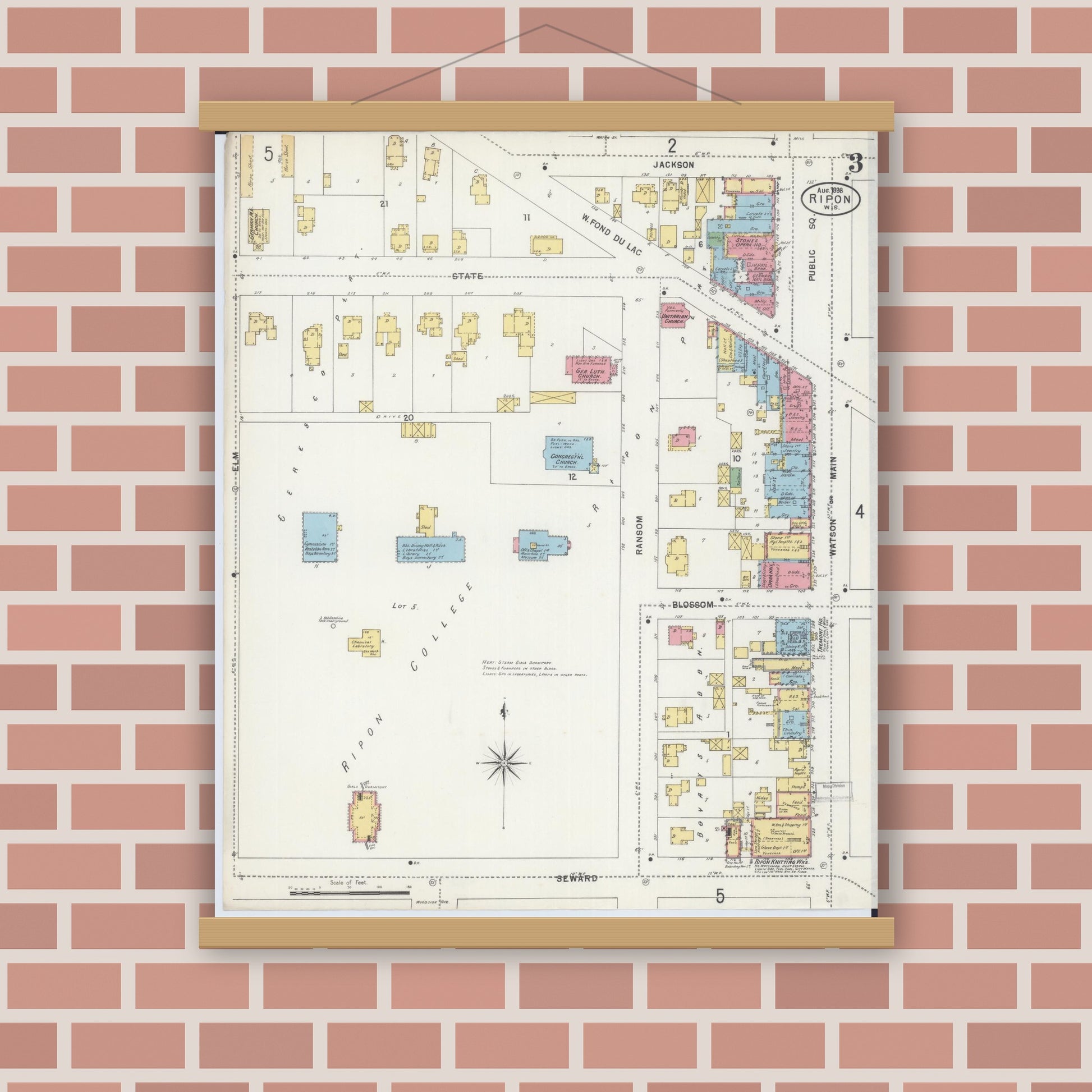 Old map wall art mockup — magnetic wood frame on brick wall — Sanborn Fire Insurance Map from Ripon, Fond du Lac County, Wisconsin (1898), Sheet #0003