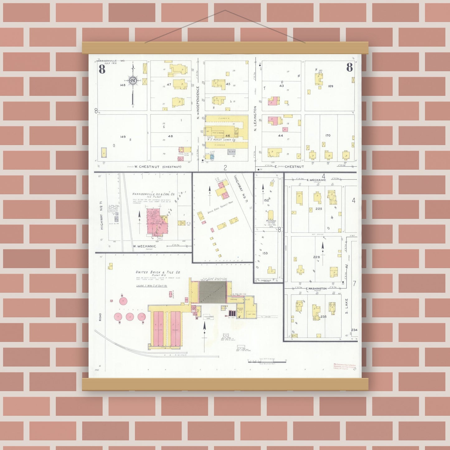 Old map wall art mockup — magnetic wood frame on brick wall — Sanborn Fire Insurance Map from Harrisonville, Cass County, Missouri (1931), Sheet #0008