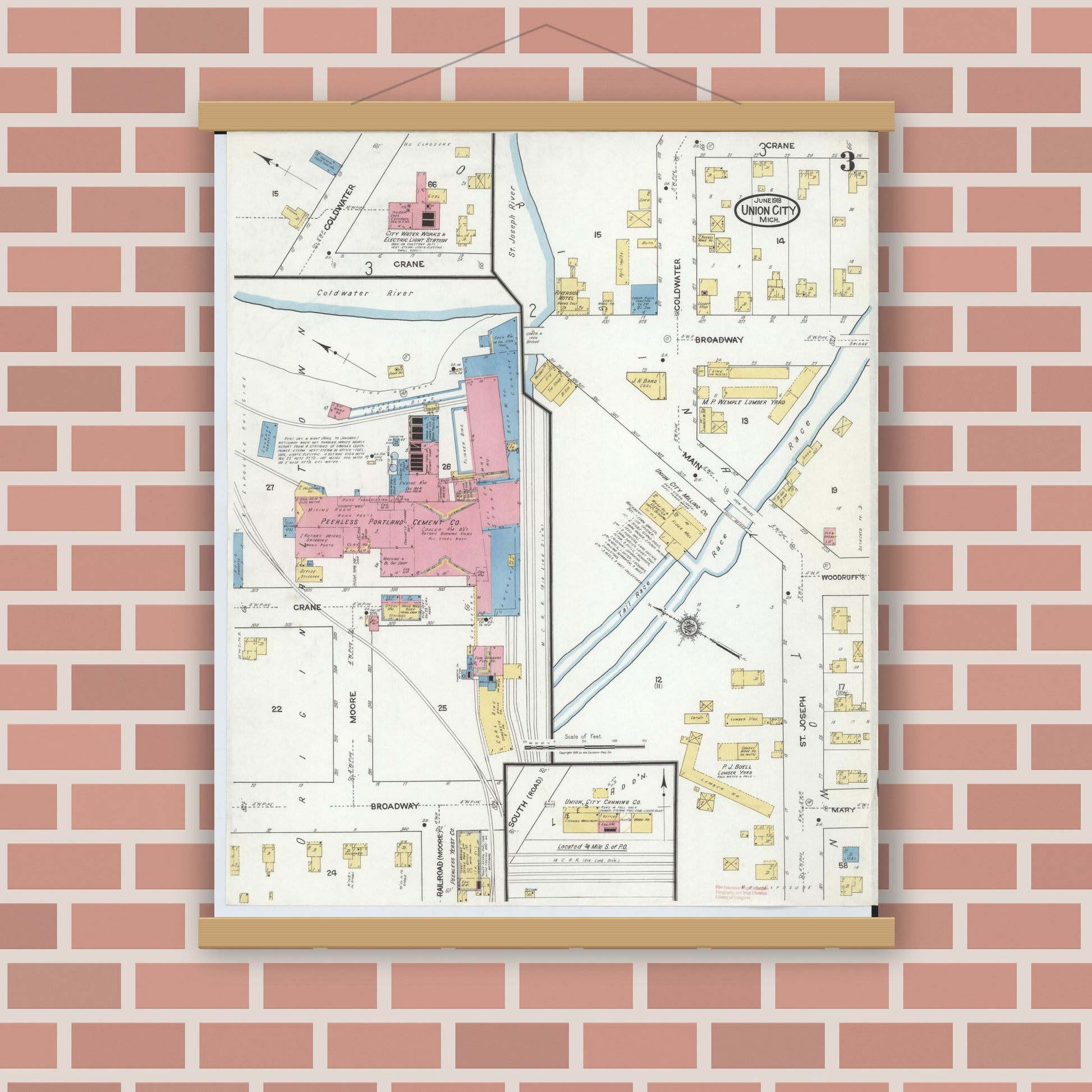 Old map wall art mockup — magnetic wood frame on brick wall — Sanborn Fire Insurance Map from Union City, Branch And Calhoun Counties, Michigan (1918), Sheet #0003