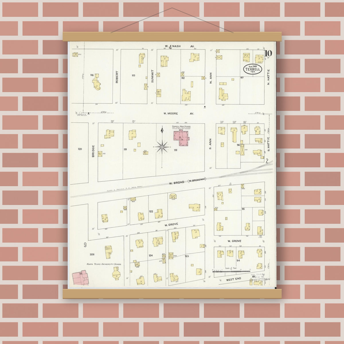 Old map wall art mockup — magnetic wood frame on brick wall — Sanborn Fire Insurance Map from Terrell, Kaufman County, Texas (1909), Sheet #0010