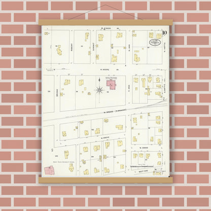 Old map wall art mockup — magnetic wood frame on brick wall — Sanborn Fire Insurance Map from Terrell, Kaufman County, Texas (1909), Sheet #0010