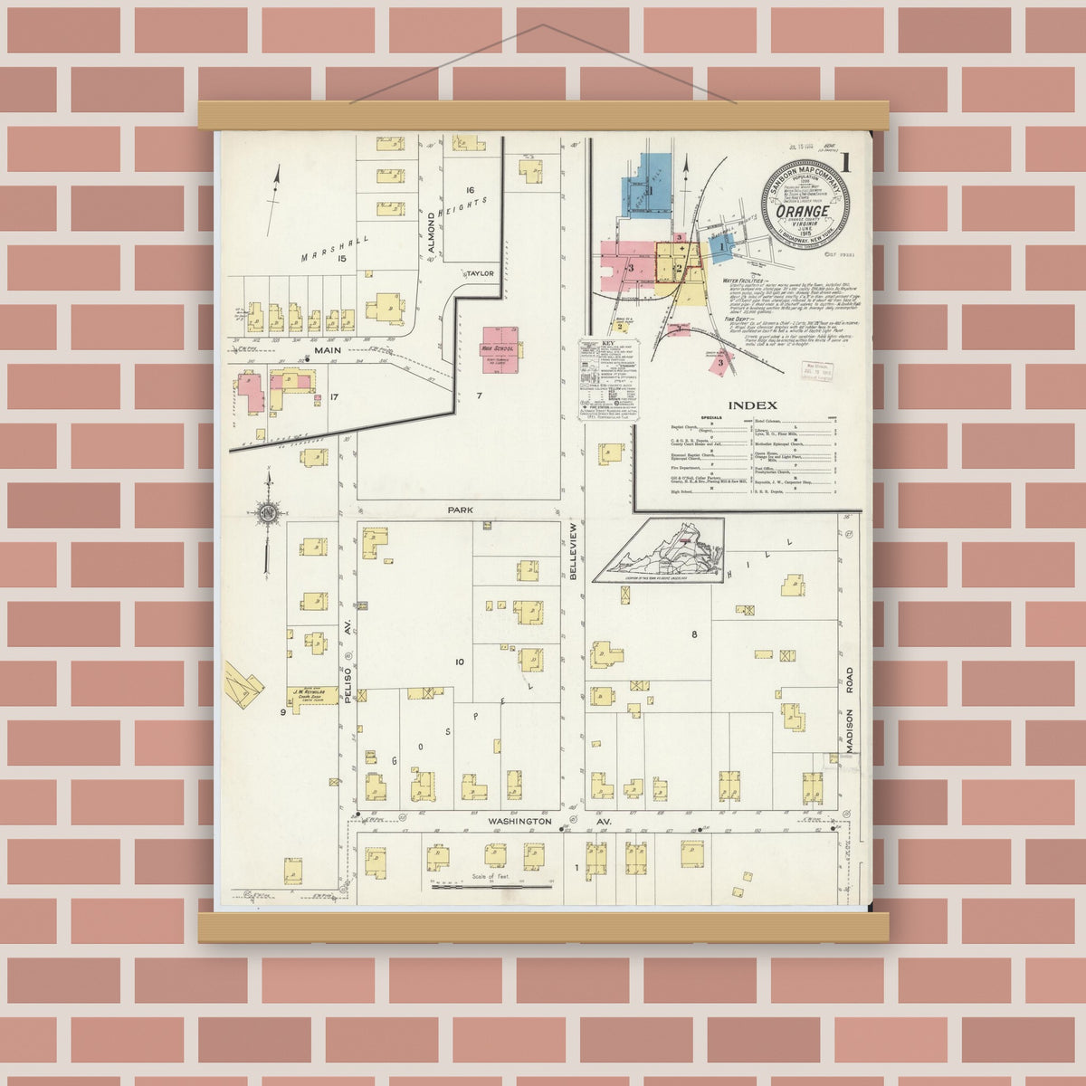Old map wall art mockup — magnetic wood frame on brick wall — Sanborn Fire Insurance Map from Orange, Orange County, Virginia (1915) - Complete Map Set