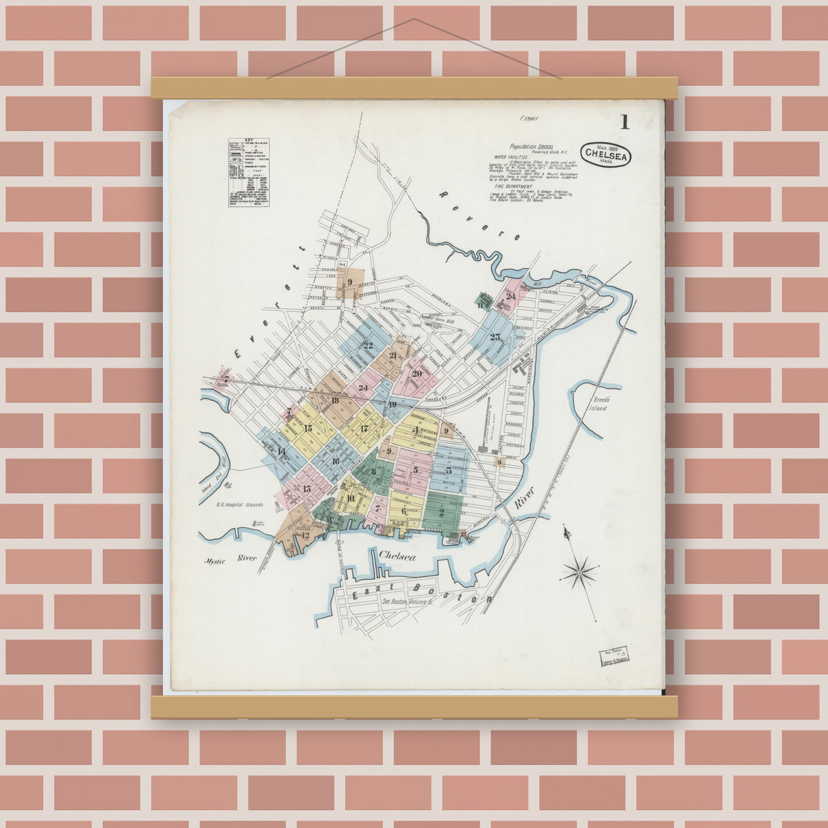 Old map wall art mockup — magnetic wood frame on brick wall — Sanborn Fire Insurance Map from Chelsea, Suffolk County, Massachusetts (1889), Sheet #0001