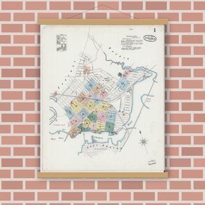 Old map wall art mockup — magnetic wood frame on brick wall — Sanborn Fire Insurance Map from Chelsea, Suffolk County, Massachusetts (1889), Sheet #0001