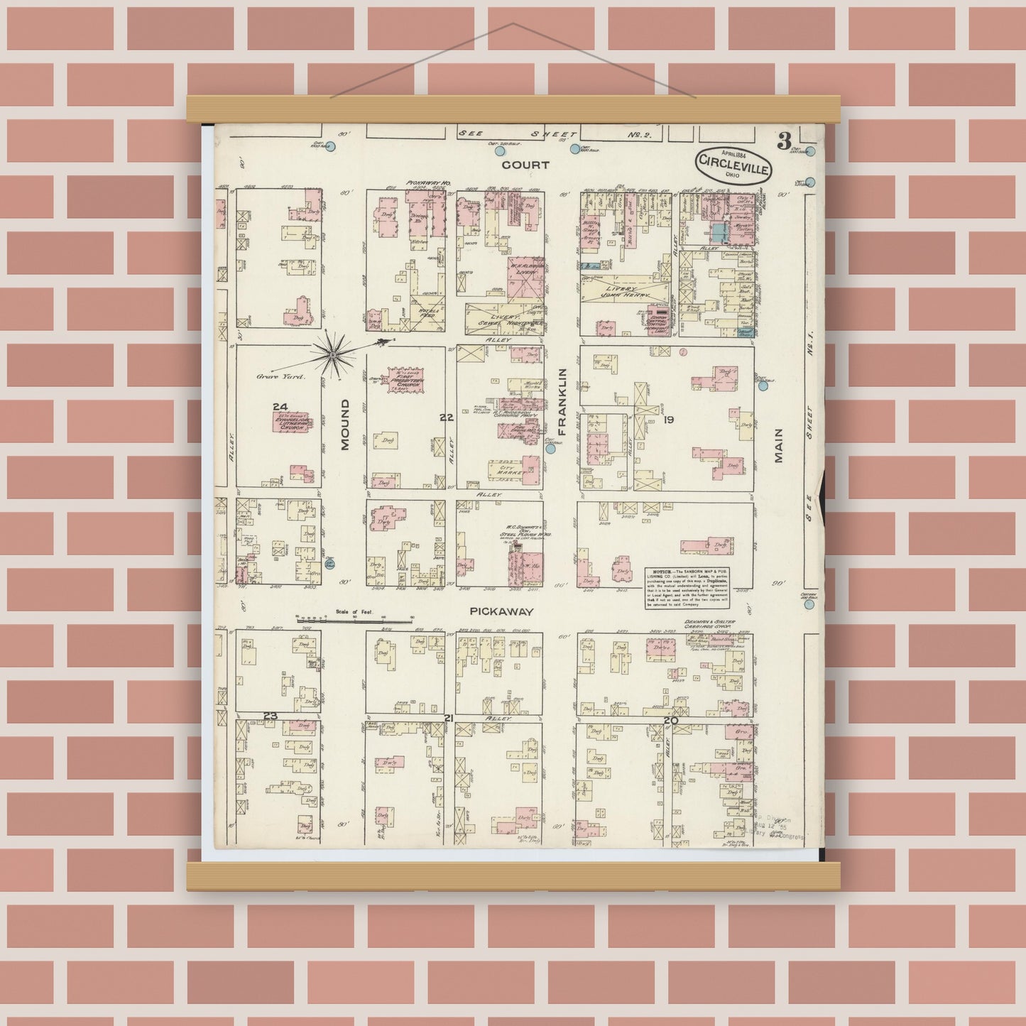 Old map wall art mockup — magnetic wood frame on brick wall — Sanborn Fire Insurance Map from Circleville, Pickaway County, Ohio (1884), Sheet #0003
