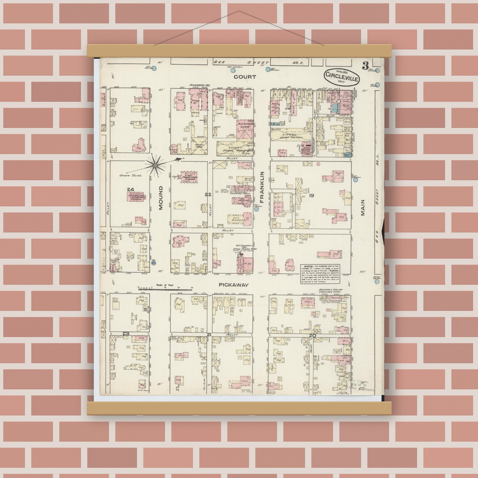Old map wall art mockup — magnetic wood frame on brick wall — Sanborn Fire Insurance Map from Circleville, Pickaway County, Ohio (1884), Sheet #0003