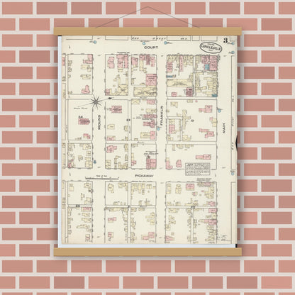 Old map wall art mockup — magnetic wood frame on brick wall — Sanborn Fire Insurance Map from Circleville, Pickaway County, Ohio (1884), Sheet #0003