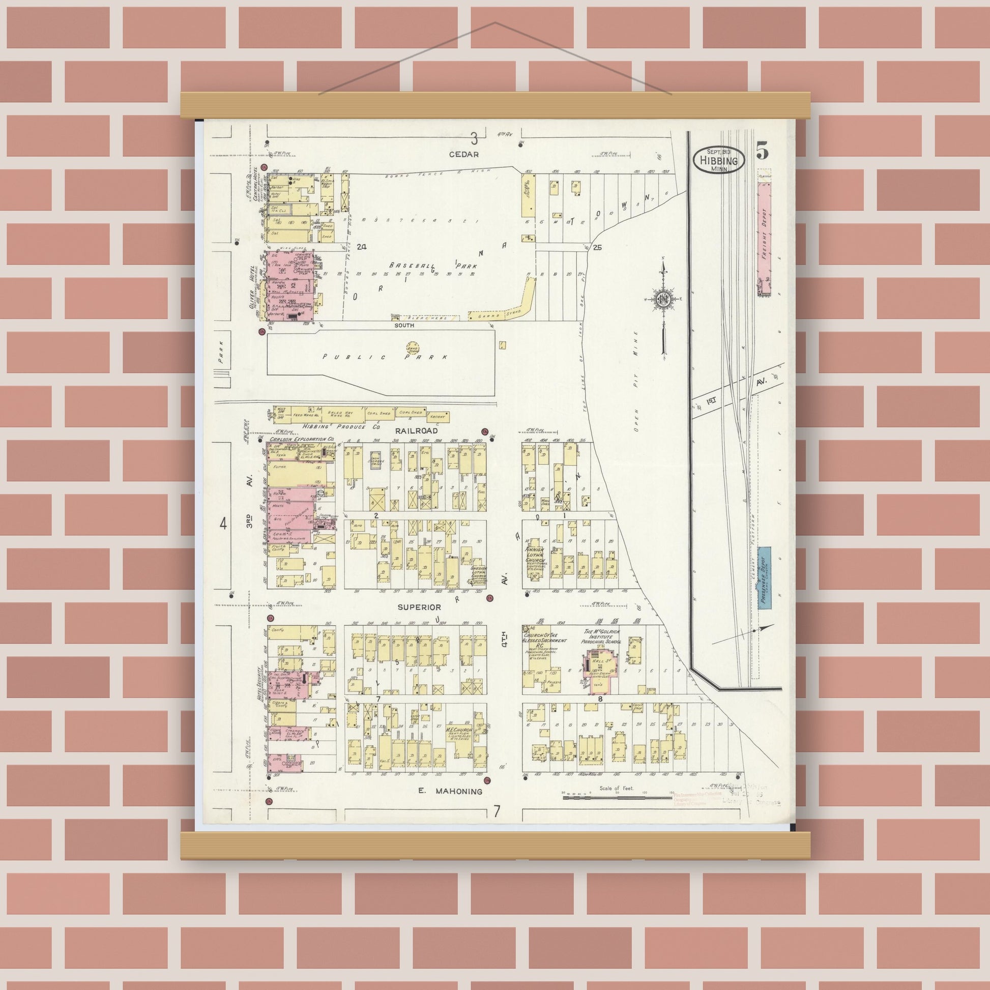 Old map wall art mockup — magnetic wood frame on brick wall — Sanborn Fire Insurance Map from Hibbing, Saint Louis County, Minnesota (1913), Sheet #0005