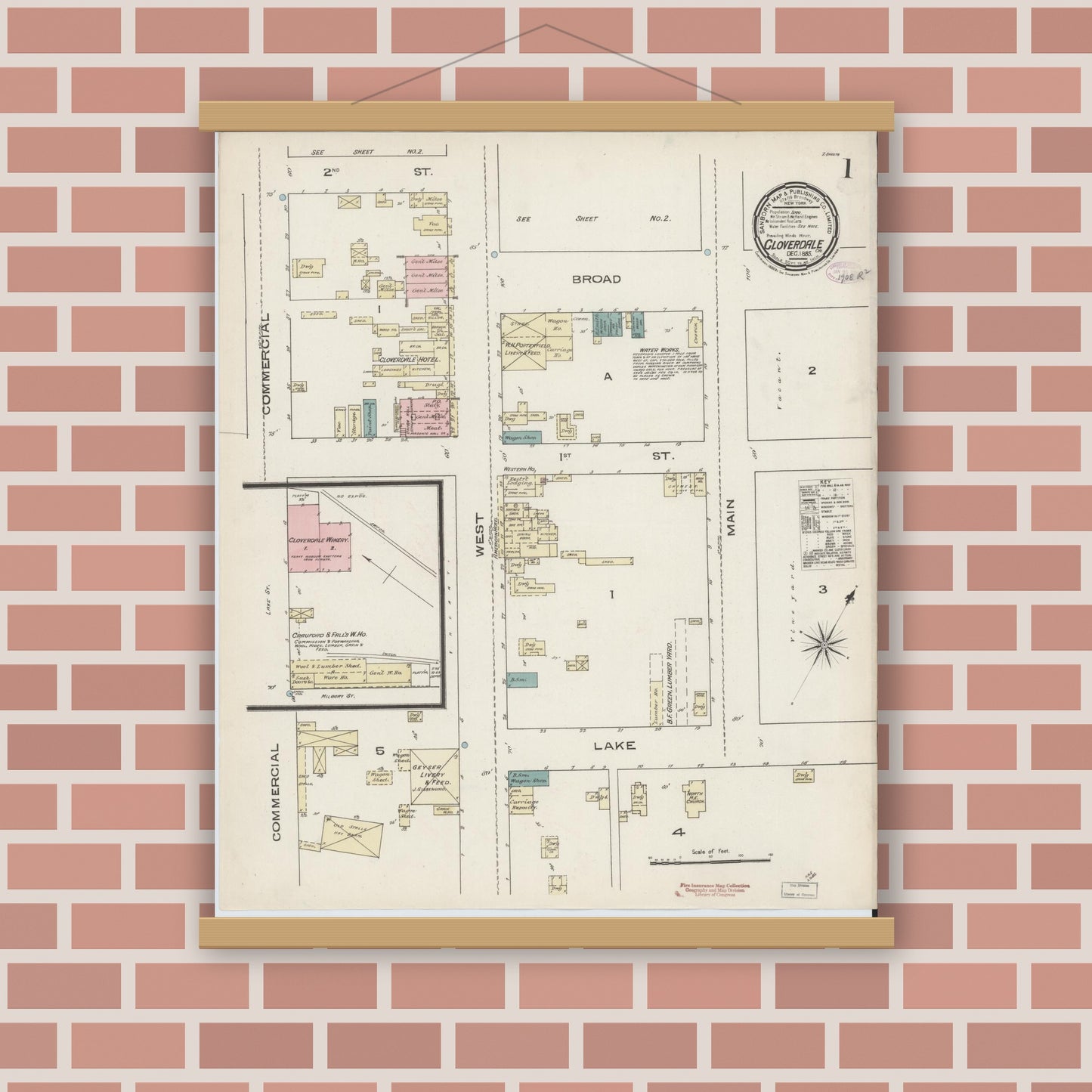 Old map wall art mockup — magnetic wood frame on brick wall — Sanborn Fire Insurance Map from Cloverdale, Sonoma County, California (1885), Sheet #0001