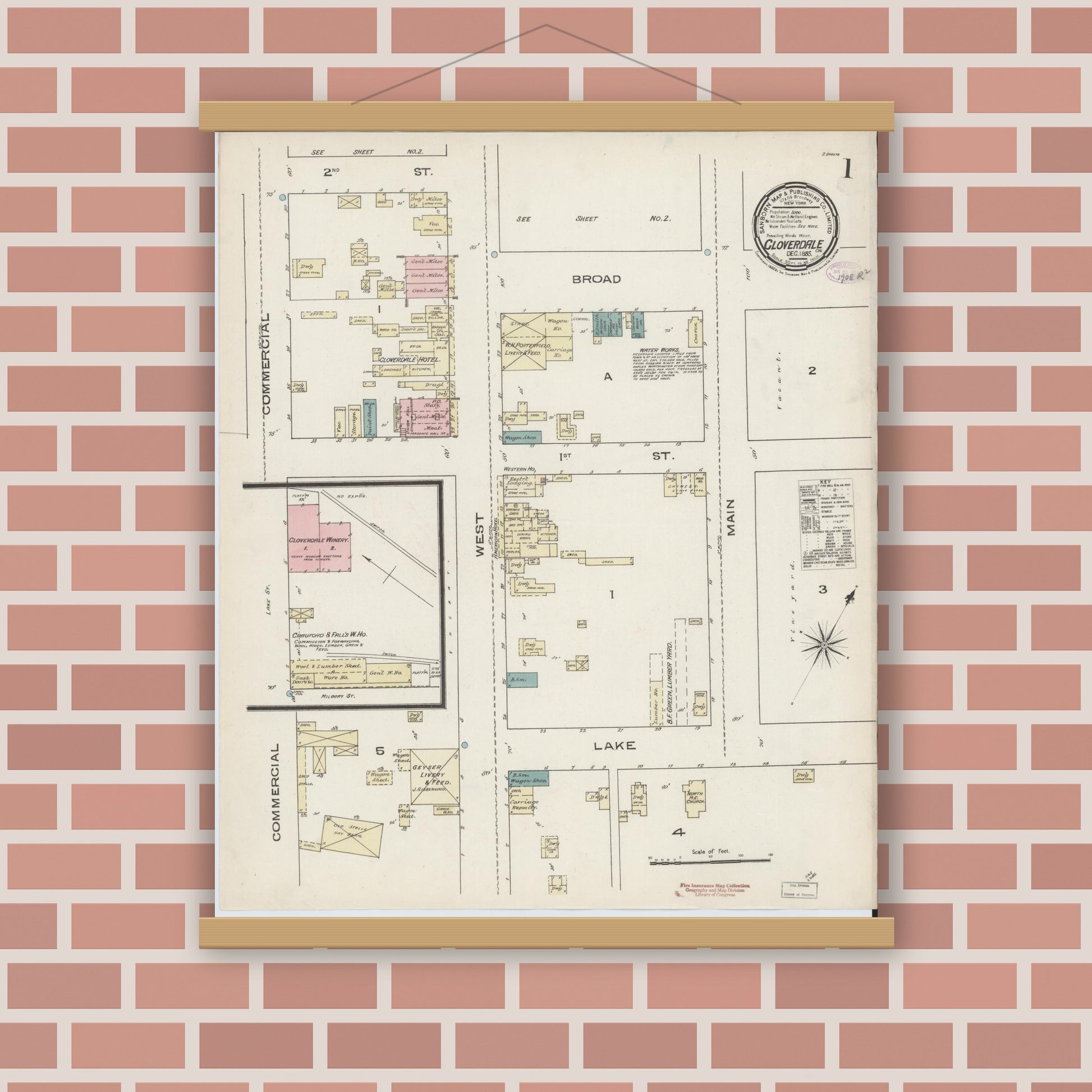 Old map wall art mockup — magnetic wood frame on brick wall — Sanborn Fire Insurance Map from Cloverdale, Sonoma County, California (1885), Sheet #0001