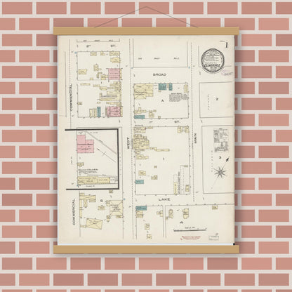 Old map wall art mockup — magnetic wood frame on brick wall — Sanborn Fire Insurance Map from Cloverdale, Sonoma County, California (1885), Sheet #0001