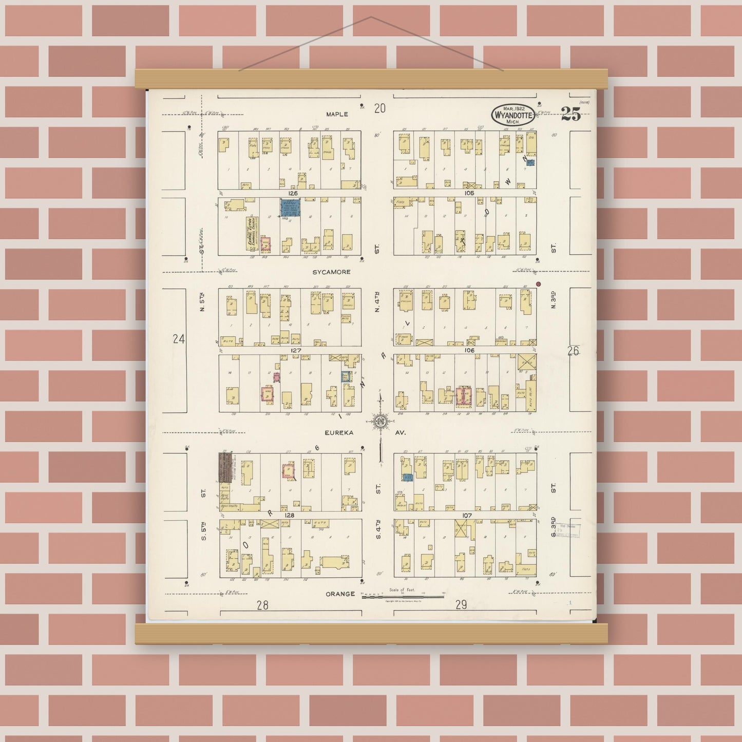 Old map wall art mockup — magnetic wood frame on brick wall — Sanborn Fire Insurance Map from Wyandotte, Wayne County, Michigan (1922), Sheet #0025