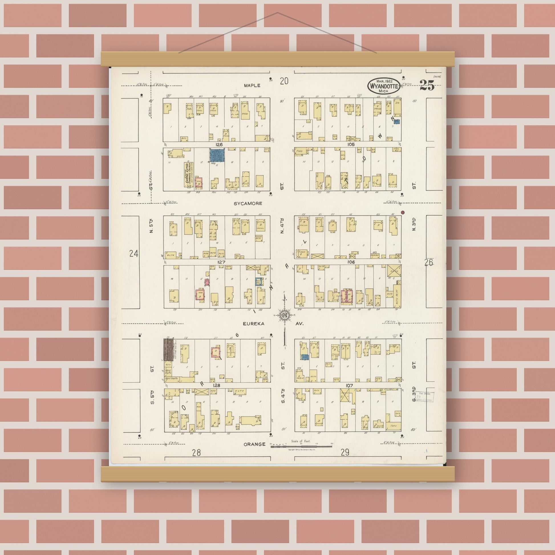 Old map wall art mockup — magnetic wood frame on brick wall — Sanborn Fire Insurance Map from Wyandotte, Wayne County, Michigan (1922), Sheet #0025