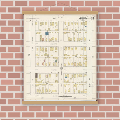 Old map wall art mockup — magnetic wood frame on brick wall — Sanborn Fire Insurance Map from Wyandotte, Wayne County, Michigan (1922), Sheet #0025