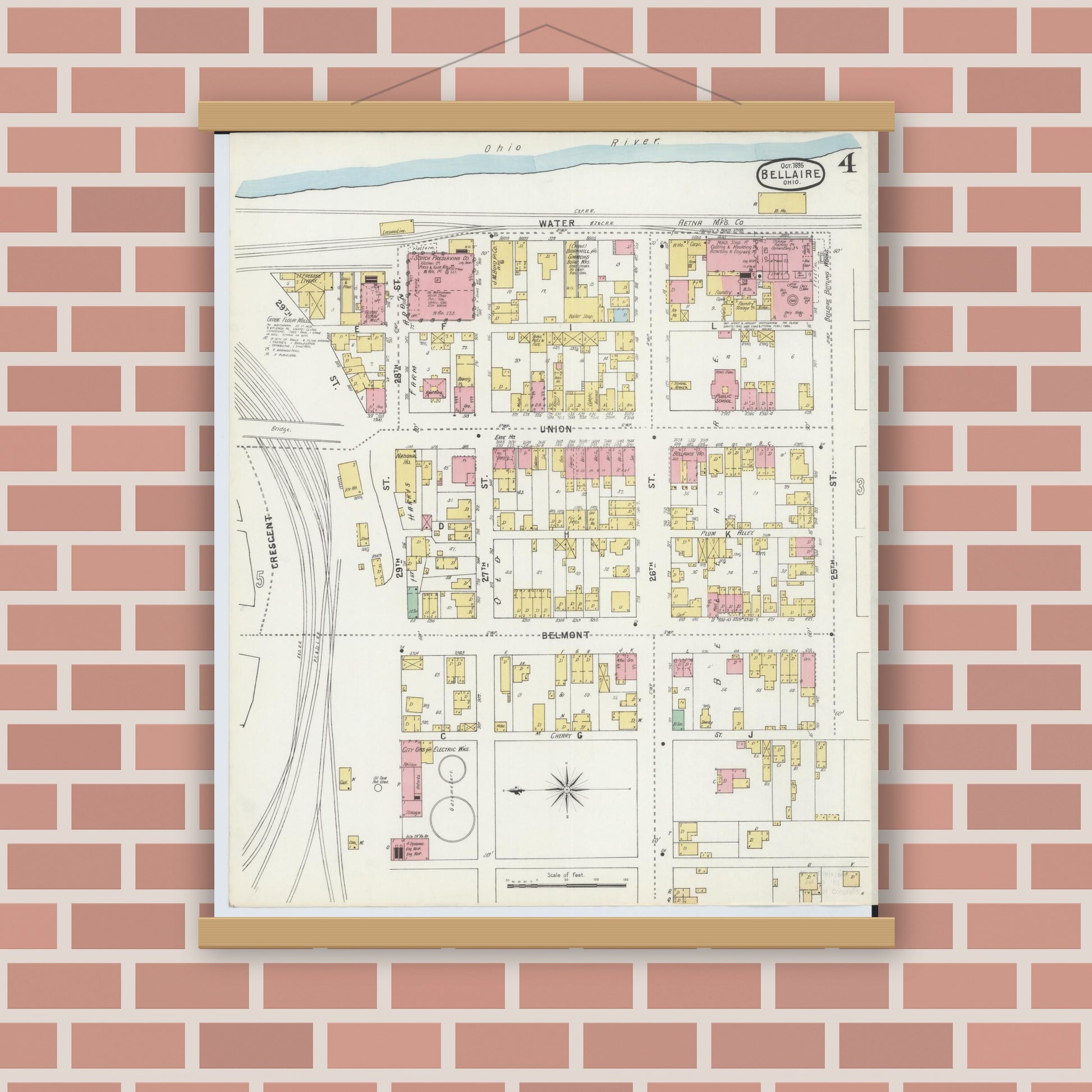 Old map wall art mockup — magnetic wood frame on brick wall — Sanborn Fire Insurance Map from Bellaire, Belmont County, Ohio (1895), Sheet #0004
