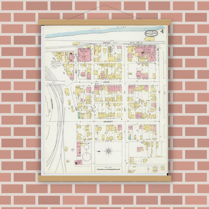 Old map wall art mockup — magnetic wood frame on brick wall — Sanborn Fire Insurance Map from Bellaire, Belmont County, Ohio (1895), Sheet #0004
