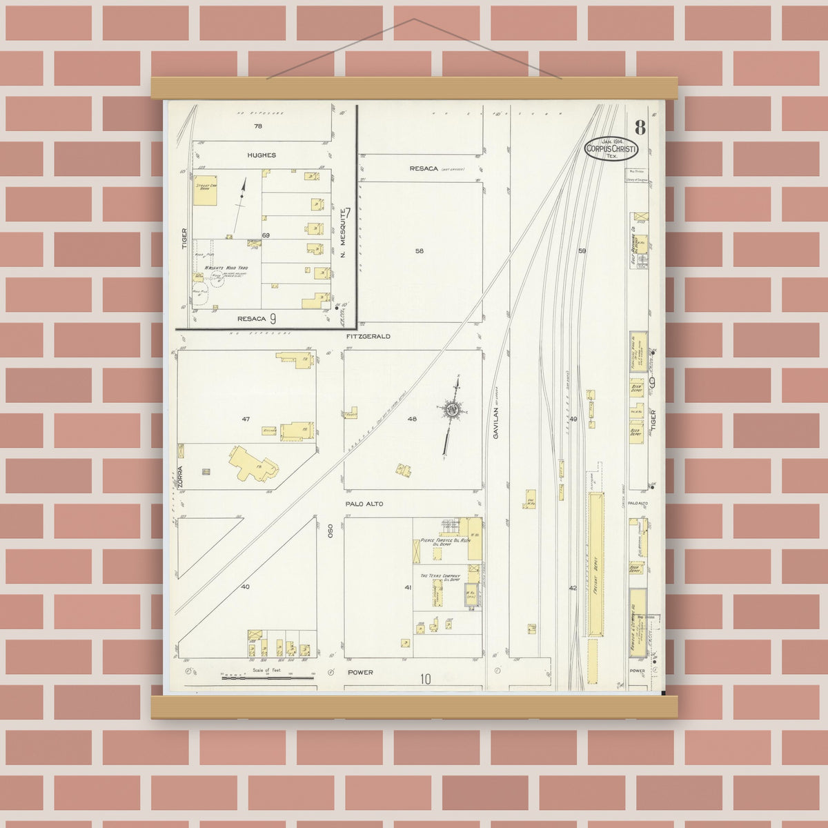 Old map wall art mockup — magnetic wood frame on brick wall — Sanborn Fire Insurance Map from Corpus Christi, Nueces County, Texas (1914), Sheet #0008