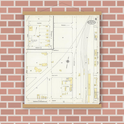 Old map wall art mockup — magnetic wood frame on brick wall — Sanborn Fire Insurance Map from Corpus Christi, Nueces County, Texas (1914), Sheet #0008