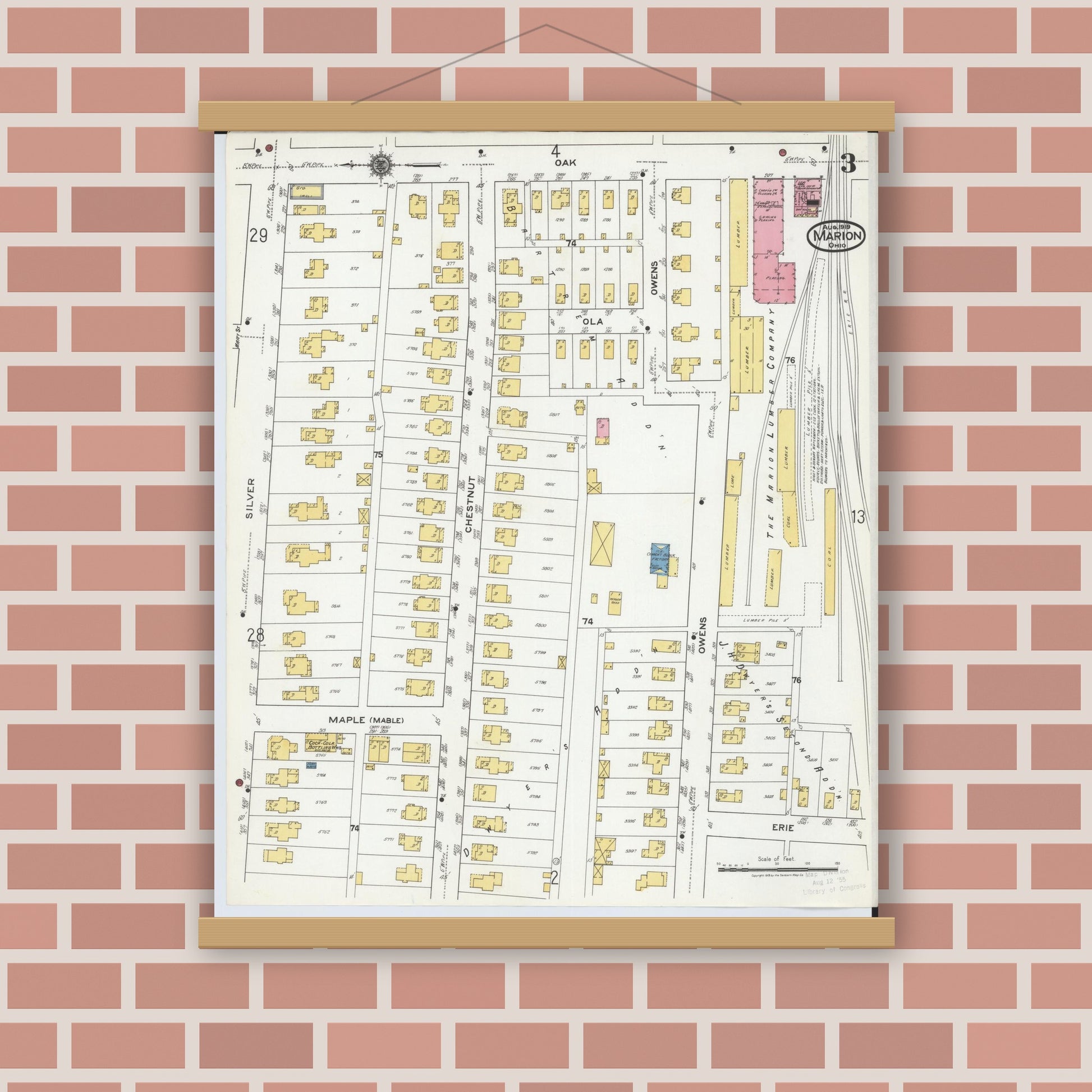 Old map wall art mockup — magnetic wood frame on brick wall — Sanborn Fire Insurance Map from Marion, Marion County, Ohio (1919), Sheet #0003