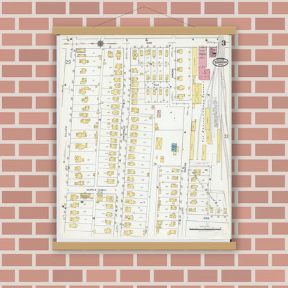 Old map wall art mockup — magnetic wood frame on brick wall — Sanborn Fire Insurance Map from Marion, Marion County, Ohio (1919), Sheet #0003