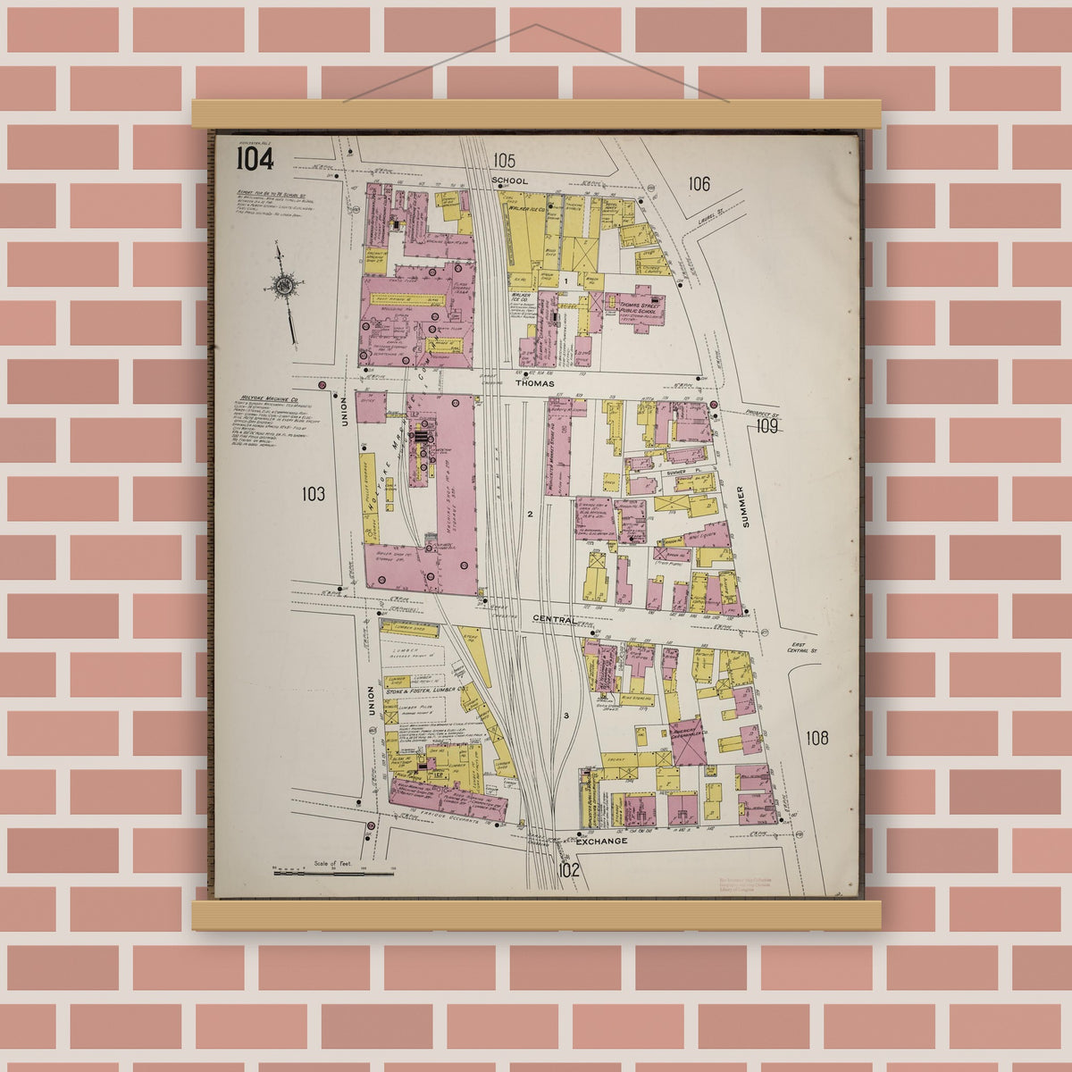 Old map wall art mockup — magnetic wood frame on brick wall — Sanborn Fire Insurance Map from Worcester, Worcester County, Massachusetts (1910), Sheet #0104