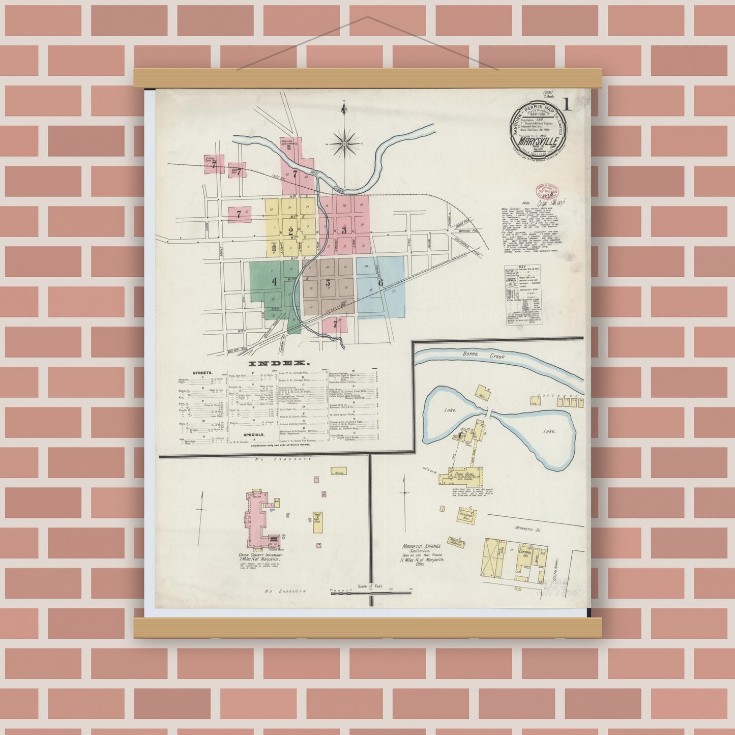 Old map wall art mockup — magnetic wood frame on brick wall — Sanborn Fire Insurance Map from Marysville, Union County, Ohio (1895), Sheet #0001