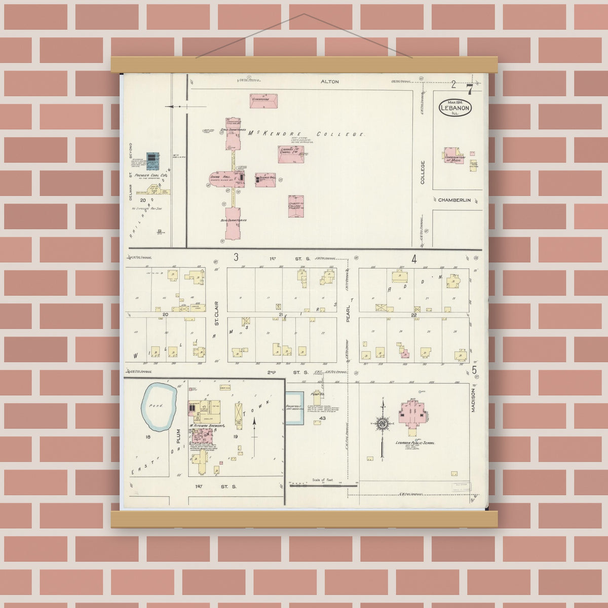 Old map wall art mockup — magnetic wood frame on brick wall — Sanborn Fire Insurance Map from Lebanon, Saint Clair County, Illinois (1914), Sheet #0007