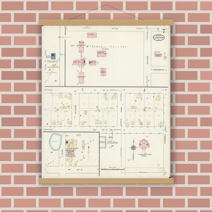 Old map wall art mockup — magnetic wood frame on brick wall — Sanborn Fire Insurance Map from Lebanon, Saint Clair County, Illinois (1914), Sheet #0007
