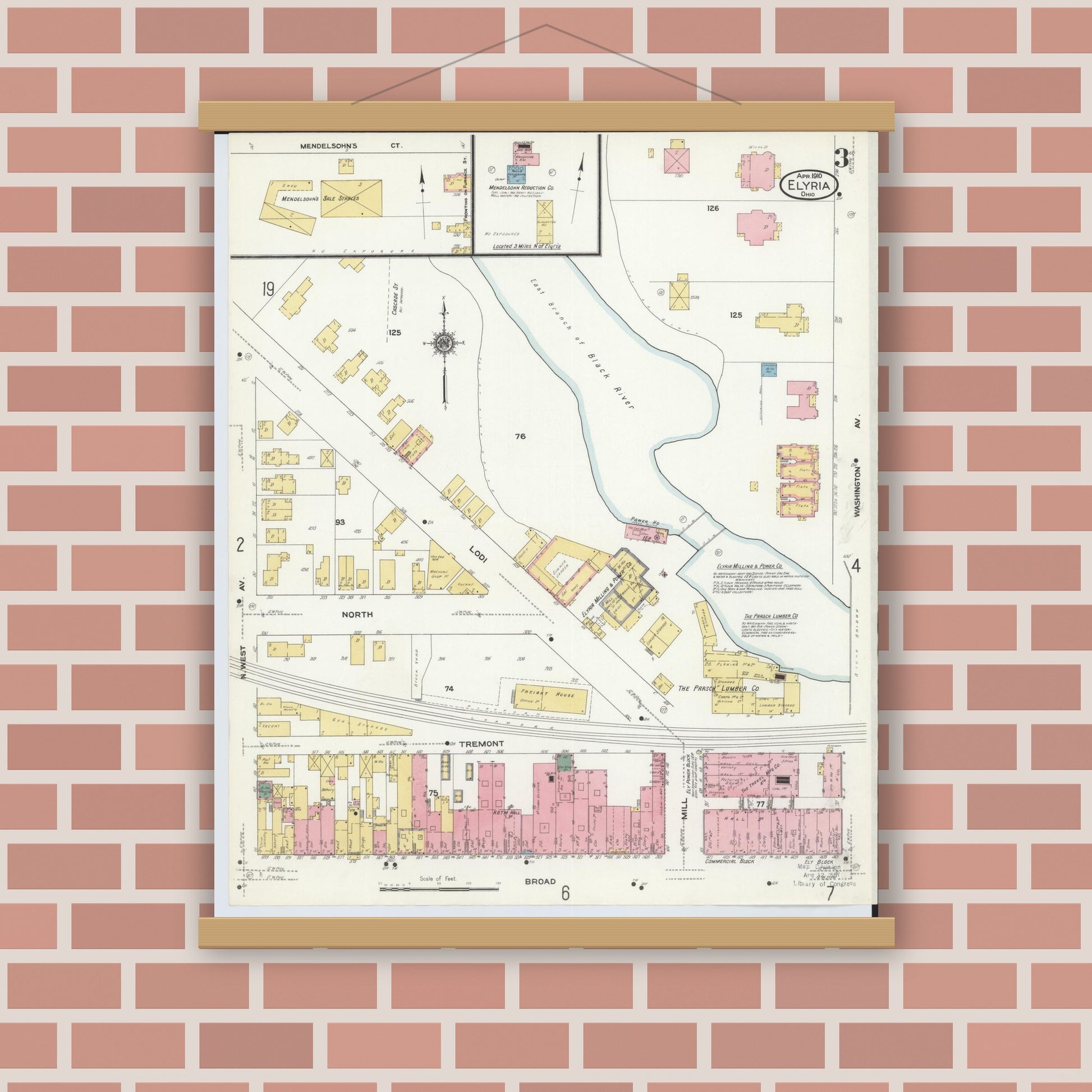Old map wall art mockup — magnetic wood frame on brick wall — Sanborn Fire Insurance Map from Elyria, Lorain County, Ohio (1910), Sheet #0003