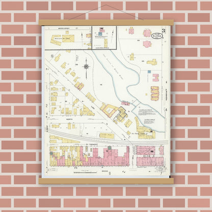 Old map wall art mockup — magnetic wood frame on brick wall — Sanborn Fire Insurance Map from Elyria, Lorain County, Ohio (1910), Sheet #0003
