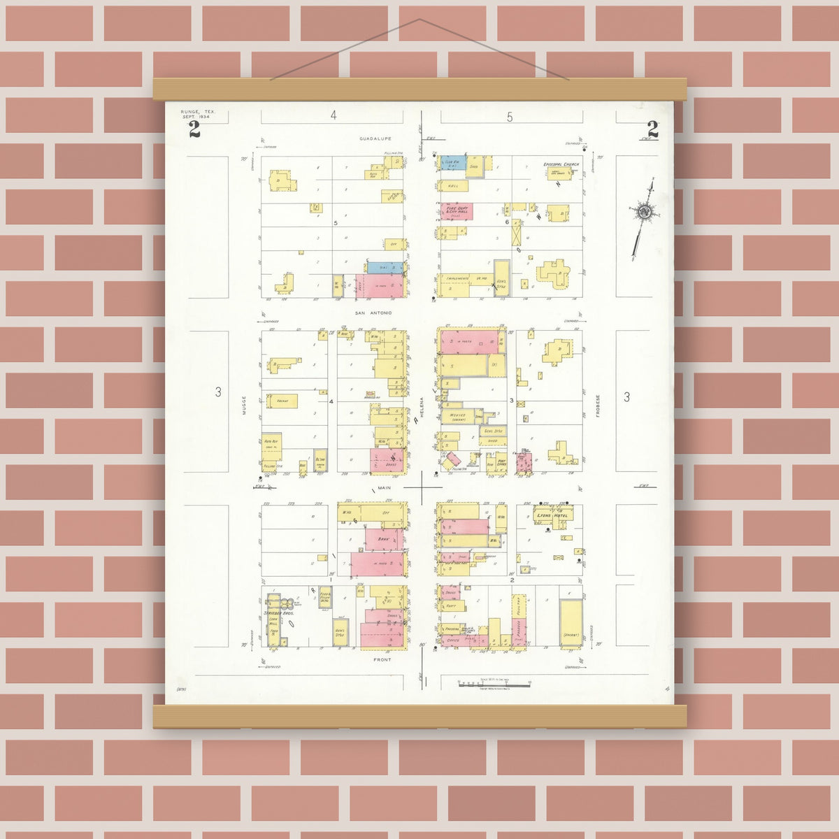 Old map wall art mockup — magnetic wood frame on brick wall — Sanborn Fire Insurance Map from Runge, Karnes County, Texas (1934), Sheet #0002