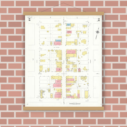 Old map wall art mockup — magnetic wood frame on brick wall — Sanborn Fire Insurance Map from Runge, Karnes County, Texas (1934), Sheet #0002