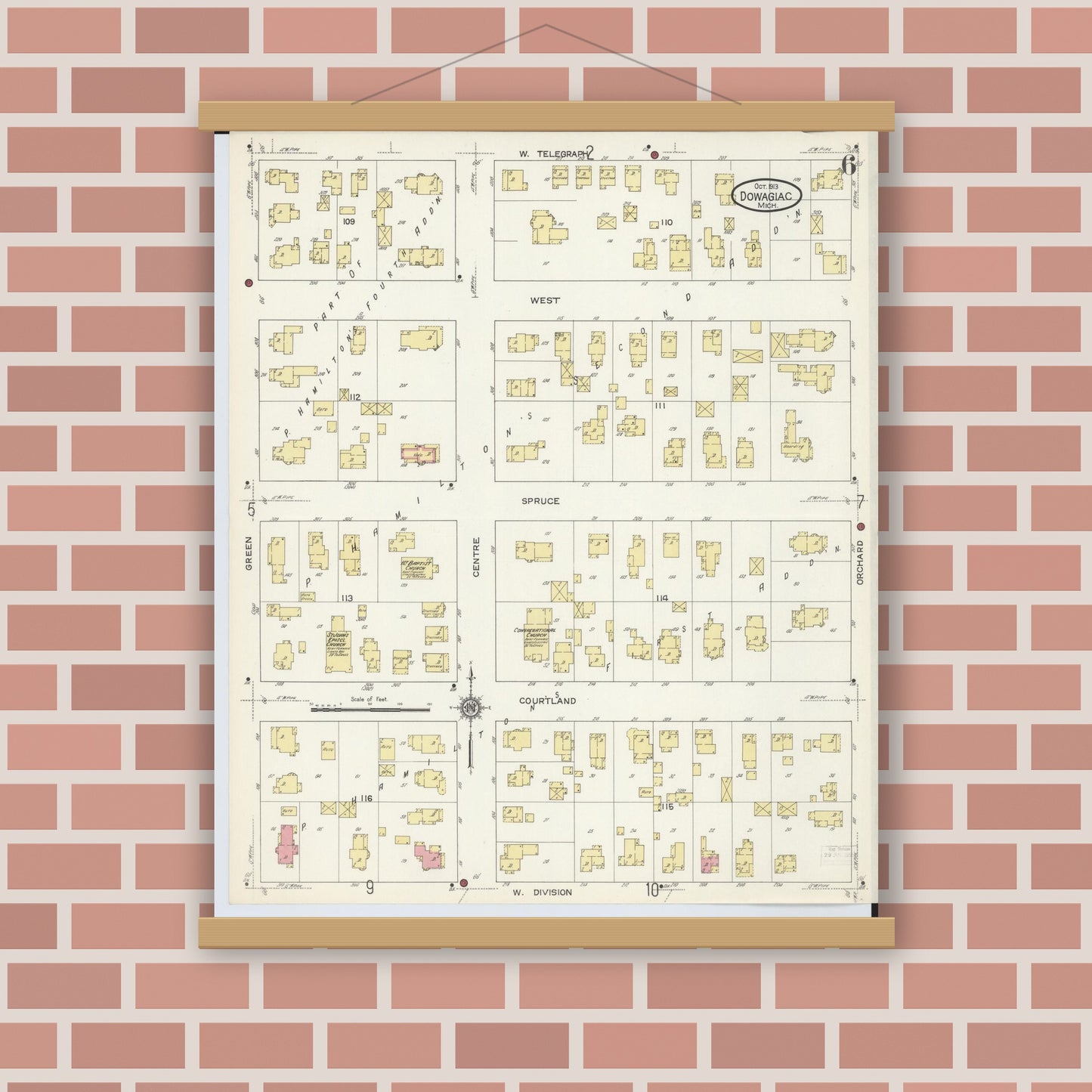 Old map wall art mockup — magnetic wood frame on brick wall — Sanborn Fire Insurance Map from Dowagiac, Cass County, Michigan (1913), Sheet #0006