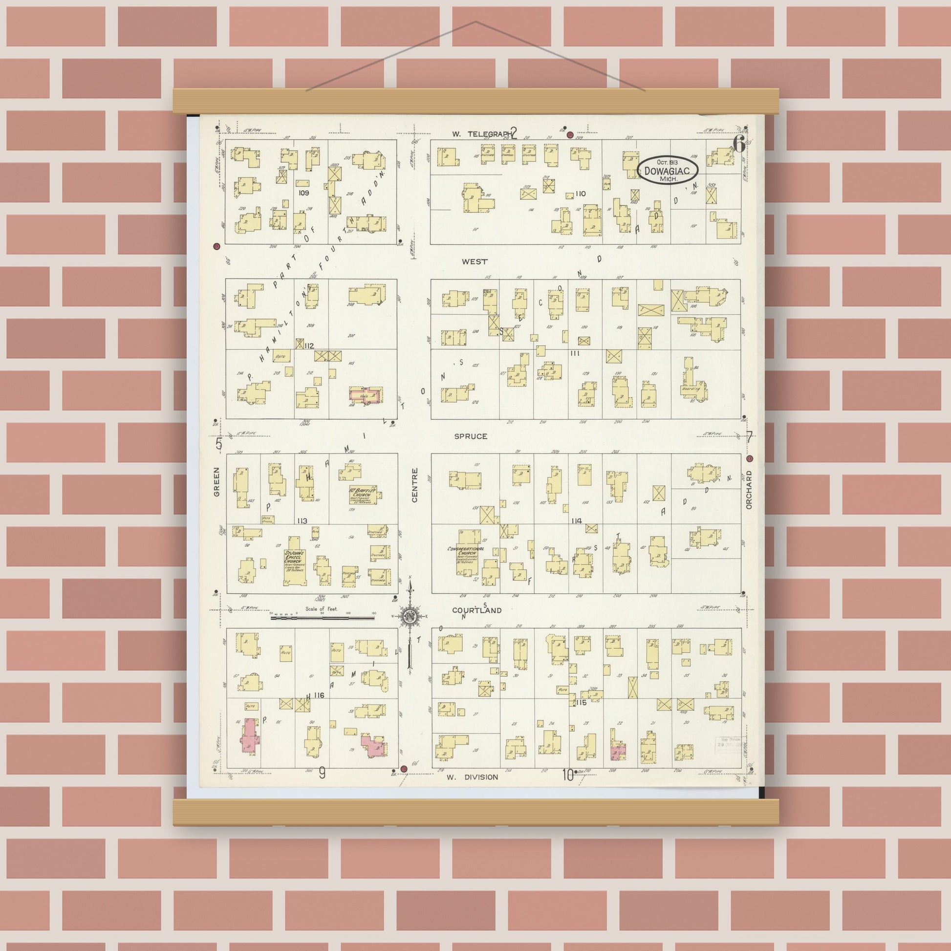 Old map wall art mockup — magnetic wood frame on brick wall — Sanborn Fire Insurance Map from Dowagiac, Cass County, Michigan (1913), Sheet #0006