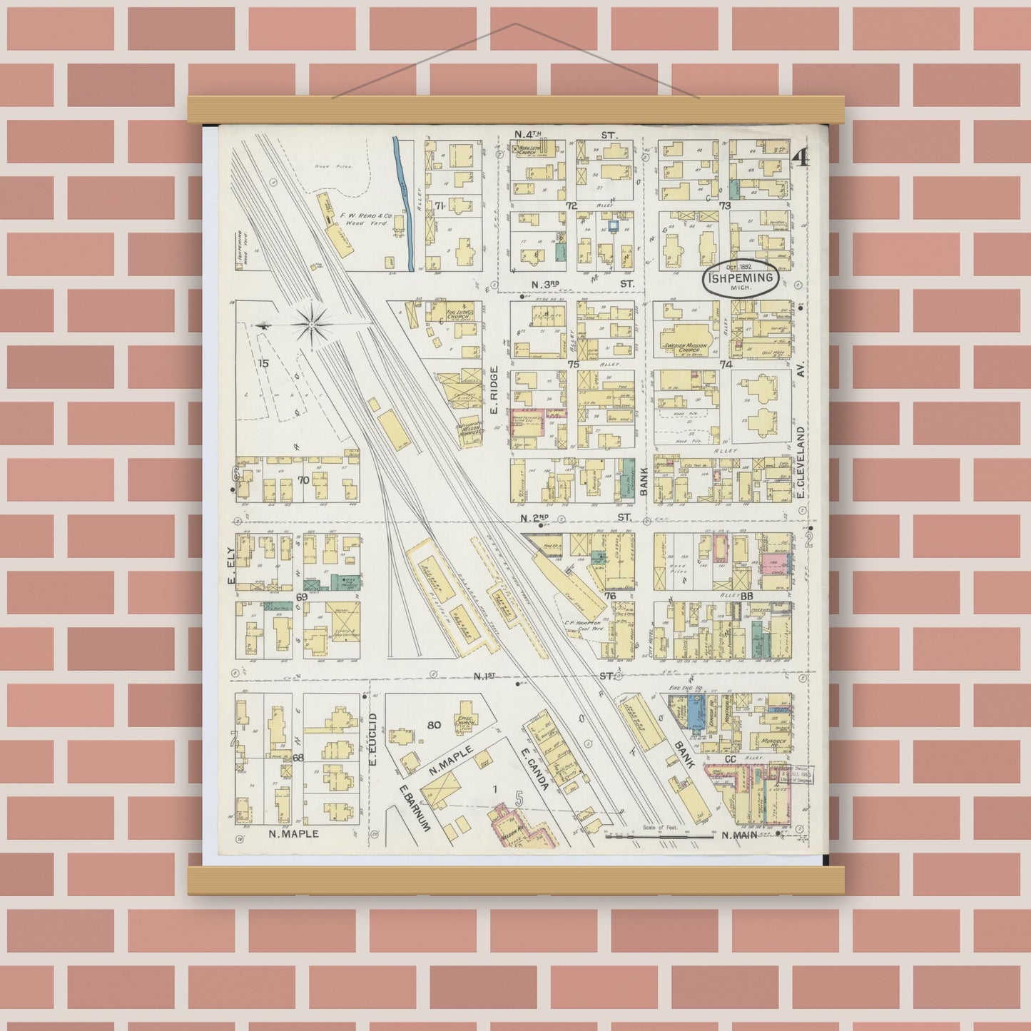Old map wall art mockup — magnetic wood frame on brick wall — Sanborn Fire Insurance Map from Ishpeming, Marquette County, Michigan (1892), Sheet #0004
