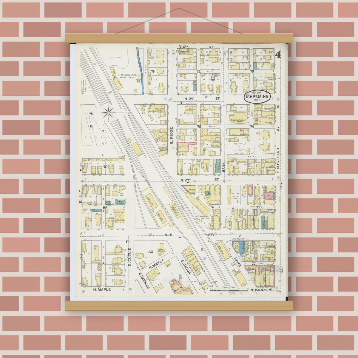 Old map wall art mockup — magnetic wood frame on brick wall — Sanborn Fire Insurance Map from Ishpeming, Marquette County, Michigan (1892), Sheet #0004
