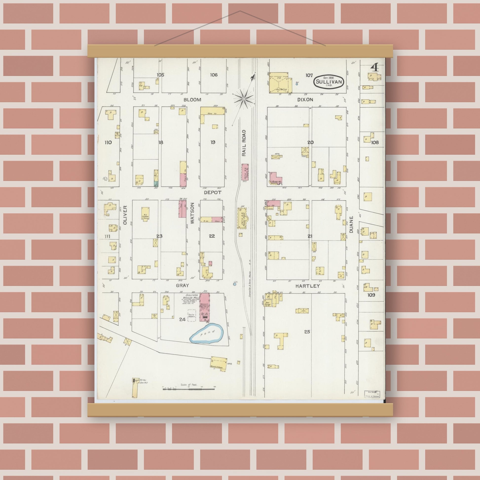 Old map wall art mockup — magnetic wood frame on brick wall — Sanborn Fire Insurance Map from Sullivan, Sullivan County, Indiana (1892), Sheet #0004