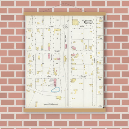 Old map wall art mockup — magnetic wood frame on brick wall — Sanborn Fire Insurance Map from Sullivan, Sullivan County, Indiana (1892), Sheet #0004