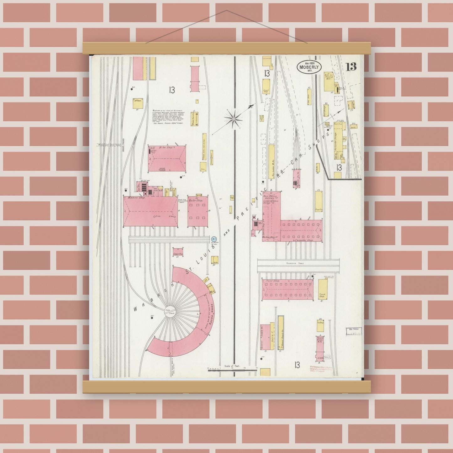 Old map wall art mockup — magnetic wood frame on brick wall — Sanborn Fire Insurance Map from Moberly, Randolph County, Missouri (1899), Sheet #0013