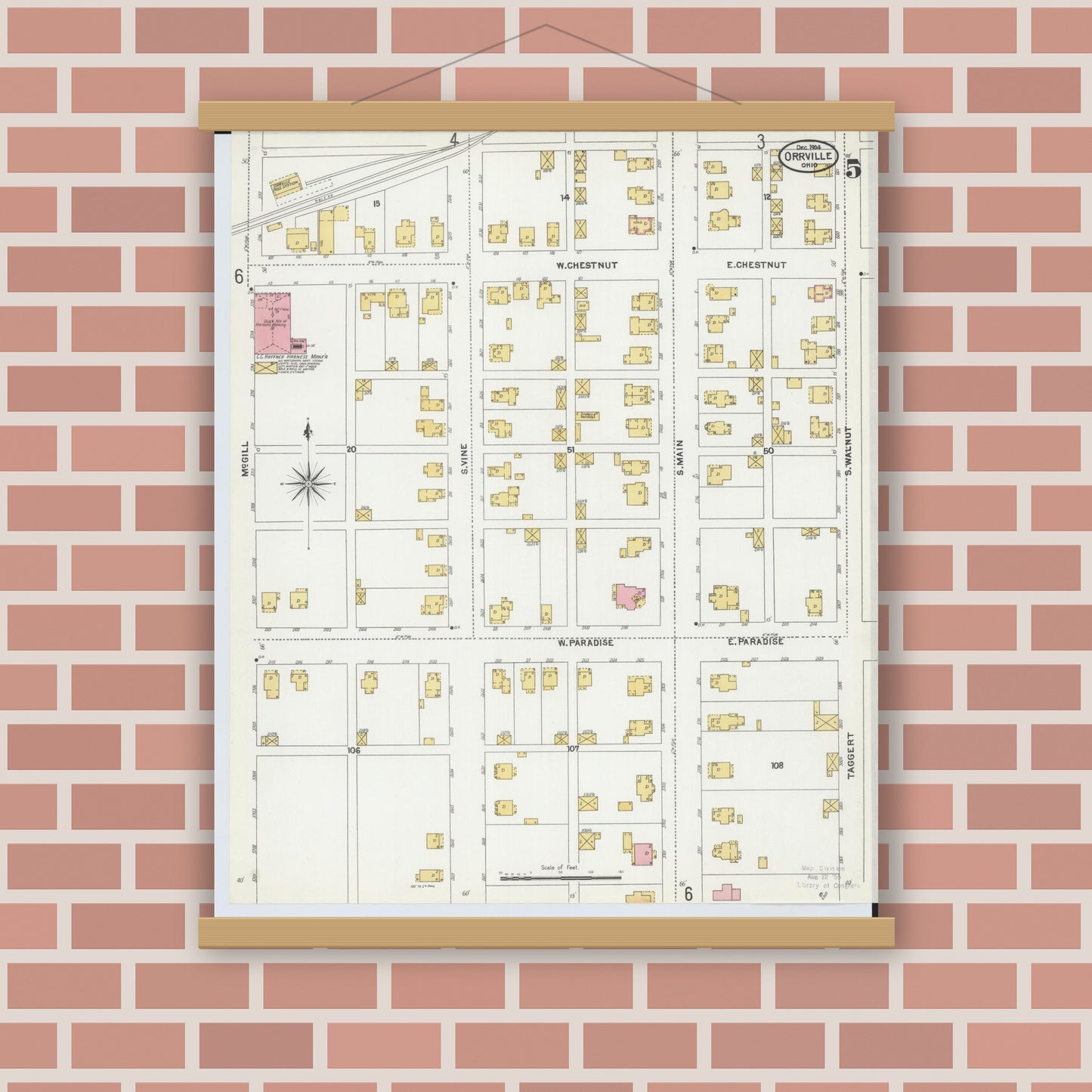 Old map wall art mockup — magnetic wood frame on brick wall — Sanborn Fire Insurance Map from Orrville, Wayne County, Ohio (1904), Sheet #0005