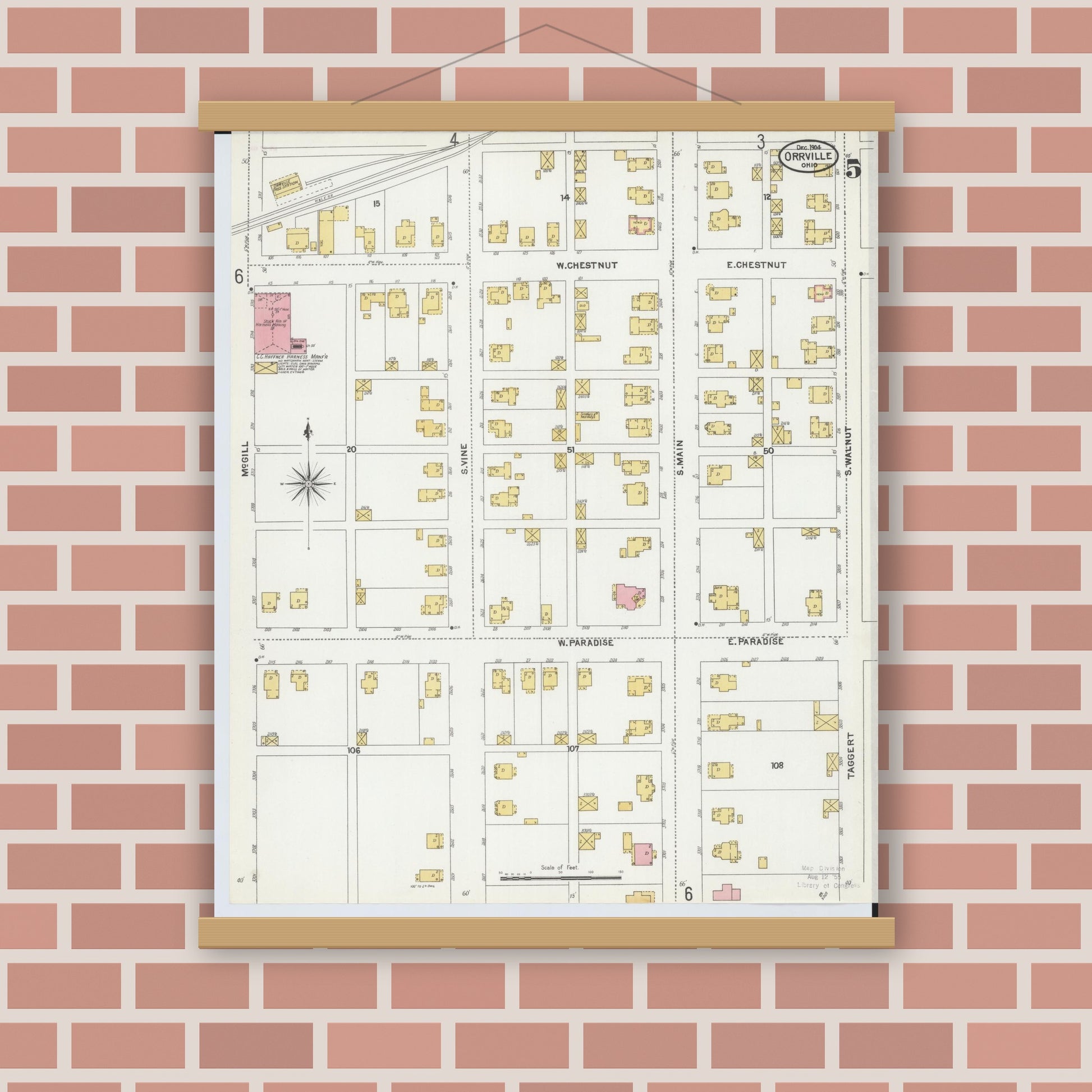 Old map wall art mockup — magnetic wood frame on brick wall — Sanborn Fire Insurance Map from Orrville, Wayne County, Ohio (1904), Sheet #0005